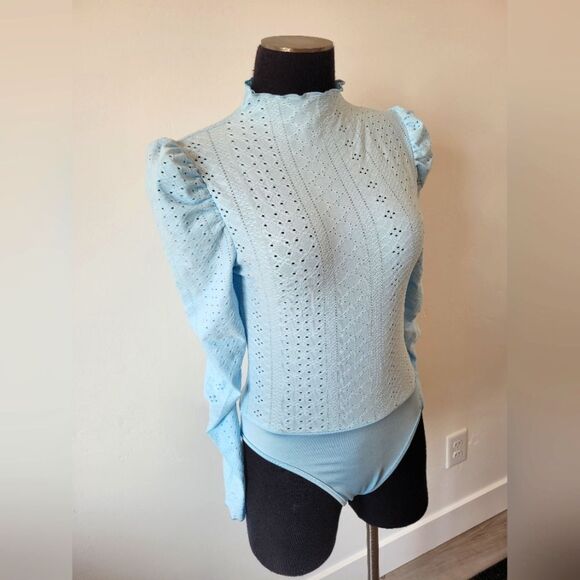 Blue Lace Bodysuit Long Sleeve Ruched Cottagecore Fairy Maiden Soft Girl S - Picture 2 of 9